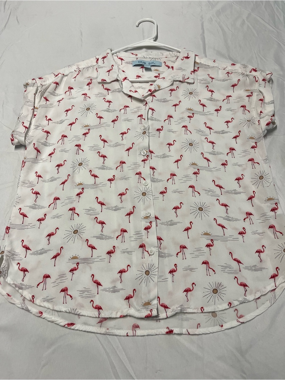 Women's White Flamingo Print Button-Down Shirt. Cuffed sleeves.